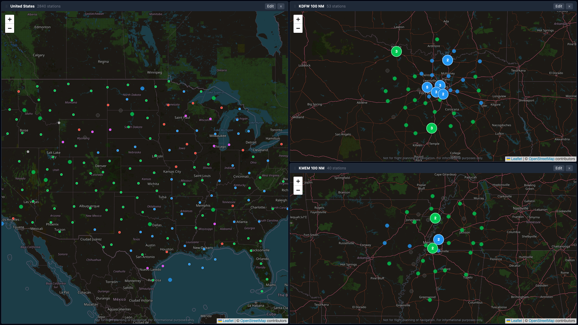 Mixed dashboard layout with multiple regions and stations